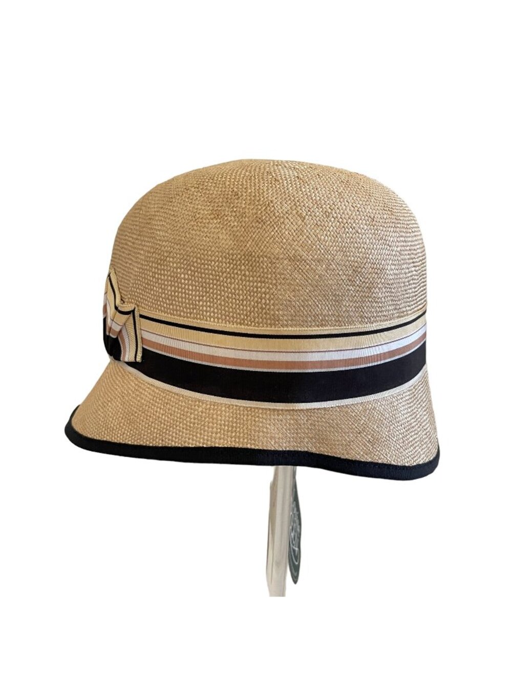 Louise Green Beige Straw Hat With Black & Striped Ribbon Accent USA Deadstock